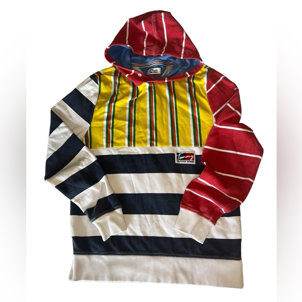 Vintage Tommy Hilfiger Medium Denim Colorblock‎ Hoodie Sweatshirt Retro Striped